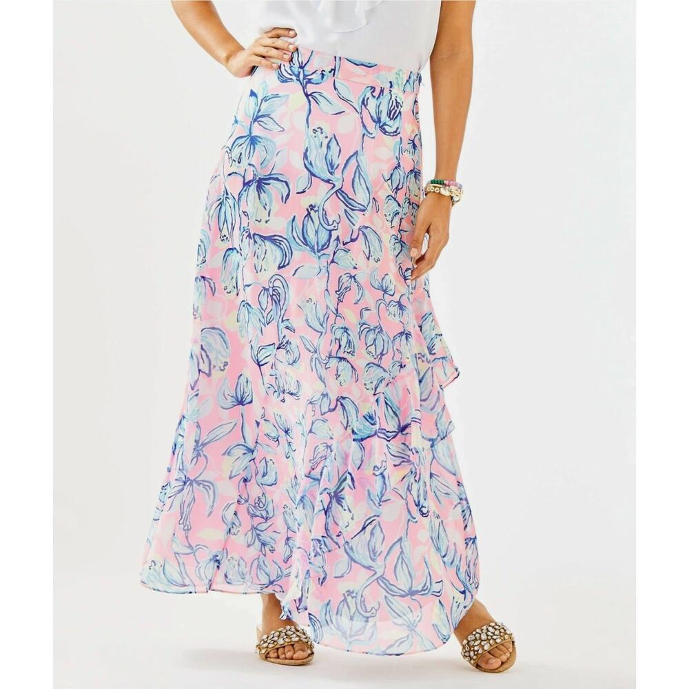 Lilly Pulitzer Pink Blue Orchid Flamingo Print Faux Wrap Maxi Skirt Size 0